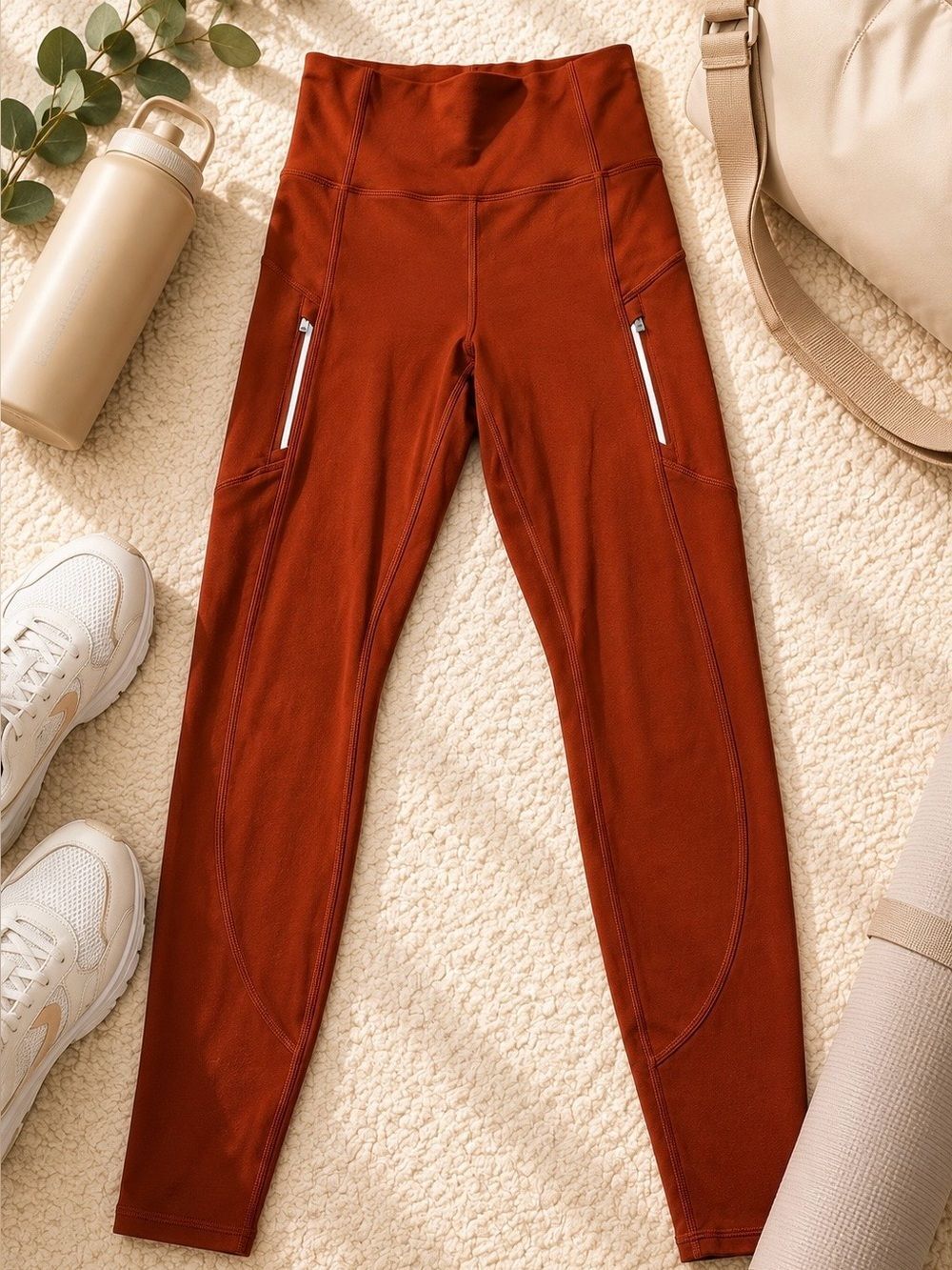 Athleta Rainier Tight Leggings Burnt Orange Reflective Pockets XS
